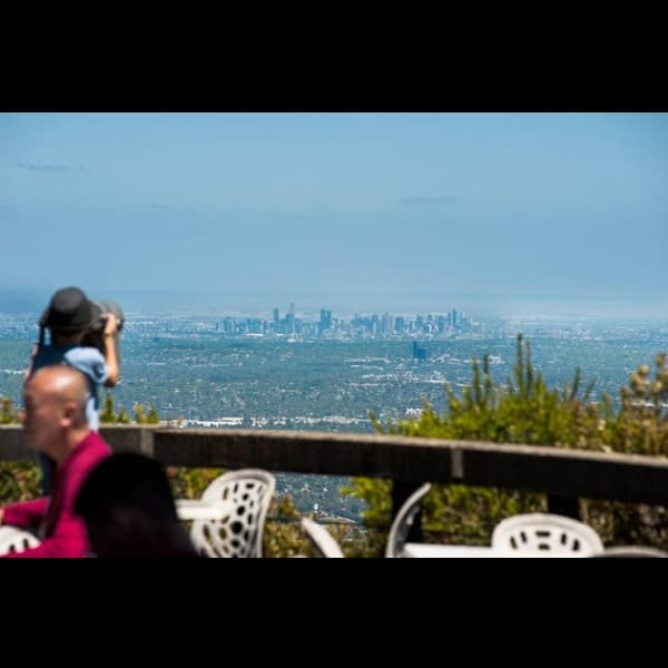 A gorgeous view of this dog friendly restaurant in Melbourne on top of the mountain