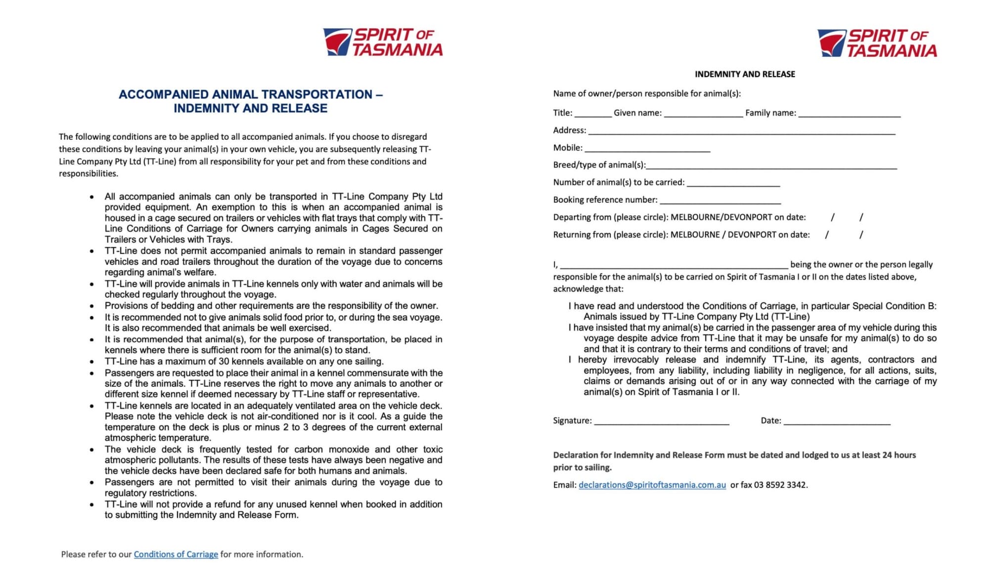 Accompanied Animal Transportation Indemnity and Release for travelling through the Spirit of Tasmania with dogs