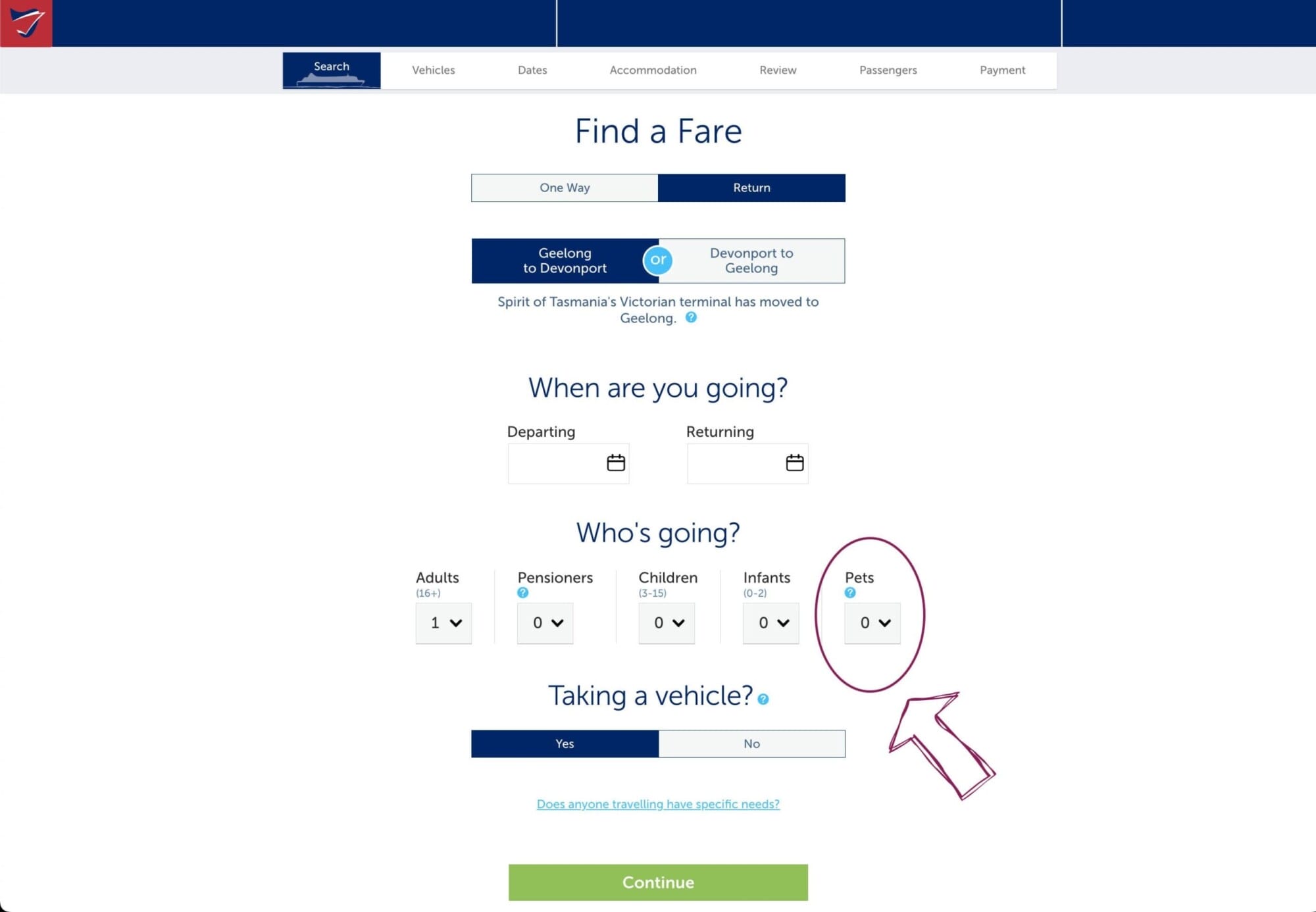 Spirit of Tasmania online booking form when travelling with dogs to Tasmania