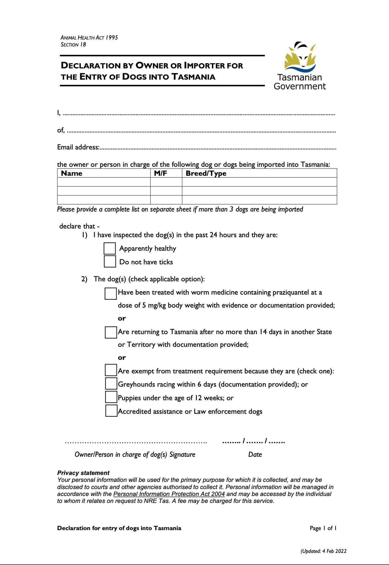 Travelling via the Spirit of Tasmania with dogs and signing an entry of dogs form